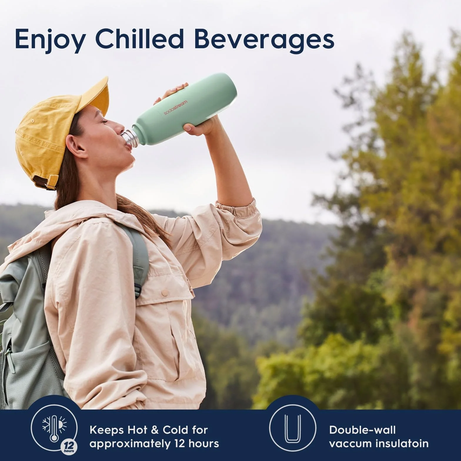 SodaStream Fizz&go Cool 0,9 l metalowa butelka piaskowa, nadaje się do mycia w zmywarce, kompatybilna z Duo, E-Duo, Terra itp., utrzymuje ciepło i zimno do 12 godzin, nie zawiera BPA, 1 sztuka
